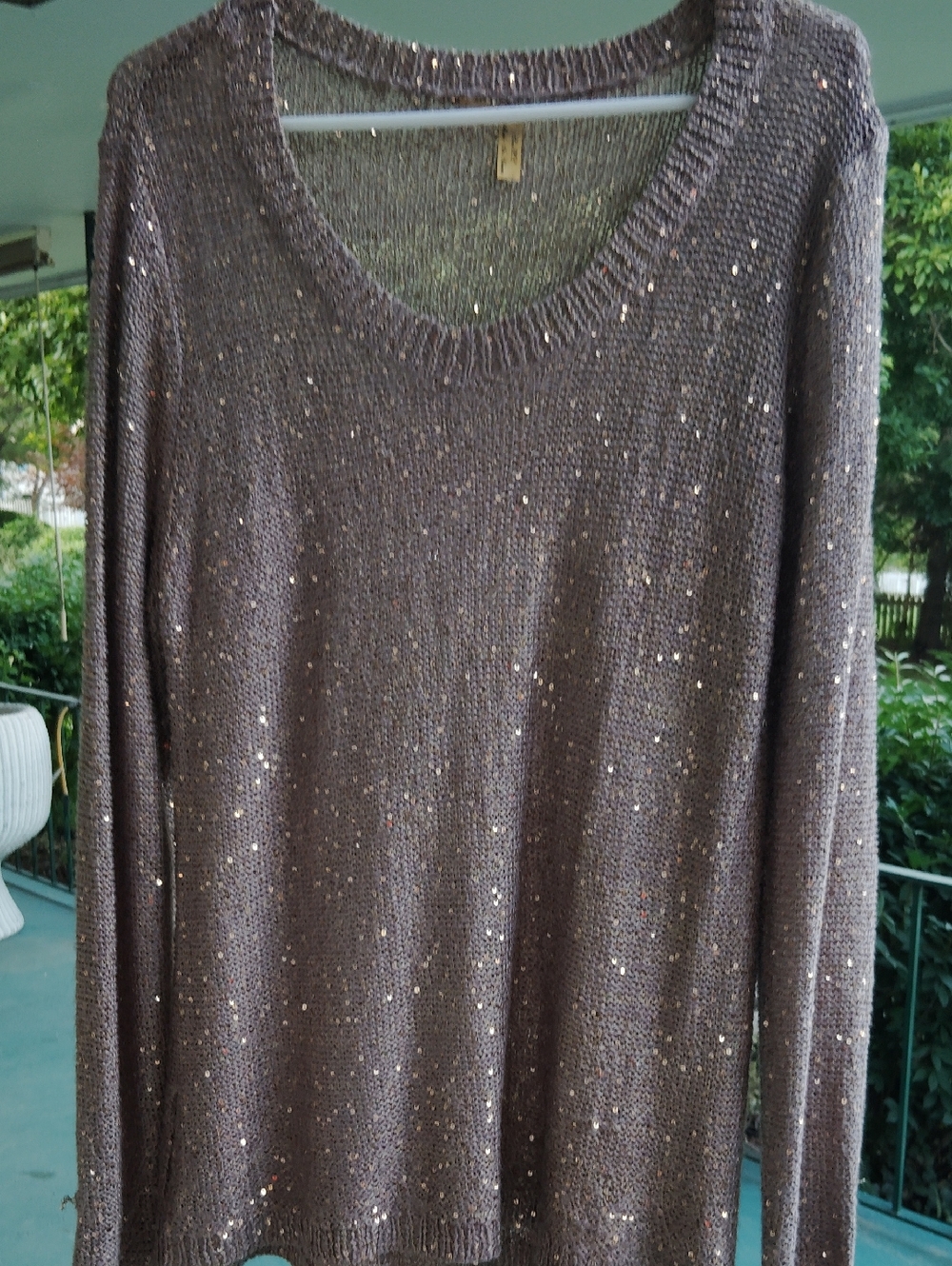 Women's Taupe Sequin V-Neck Sweater